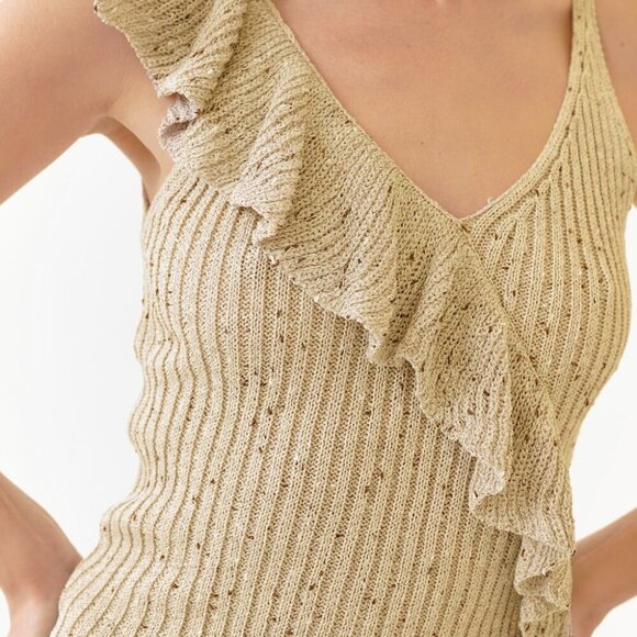 MYSTREE Beige Knit Ruffle Tank Top, Sleeveless Ribbed Sweater - Picture 10 of 10